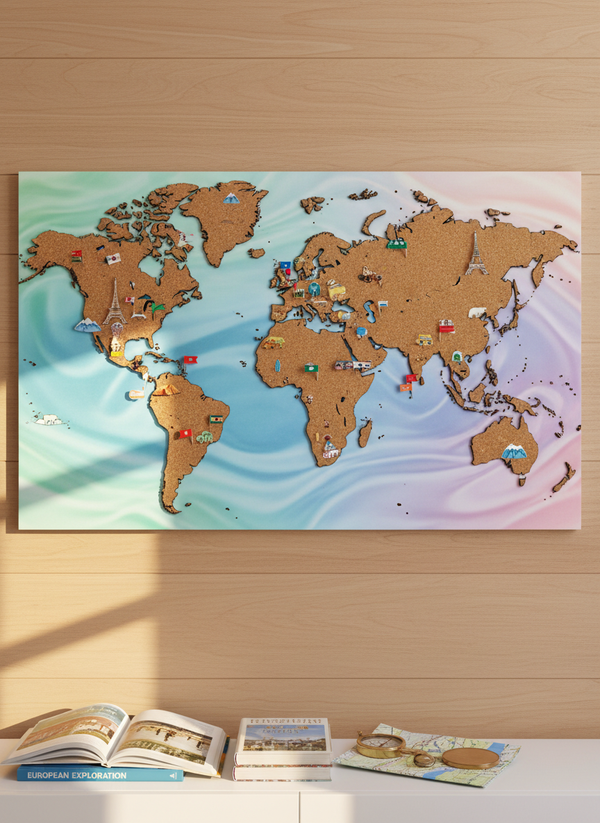 A vibrant, oversized world map made of textured cork and soft pastel oceans fills the frame, each continent pinned with tiny, colorful flag markers and miniature illustrated icons of landmarks, mountains, and beaches. The map is mounted on a smooth, light-wood wall above a simple white console table scattered with open guidebooks and a small brass compass. Warm afternoon sunlight pours in from the left, creating playful highlights on the glossy book covers and gentle shadows behind the pins. Photographic realism with a bright, cheerful palette, shot straight-on at eye level with sharp focus throughout. The mood is adventurous and playful, inviting viewers to start planning their next journey in a clean, modern travel-guide aesthetic.